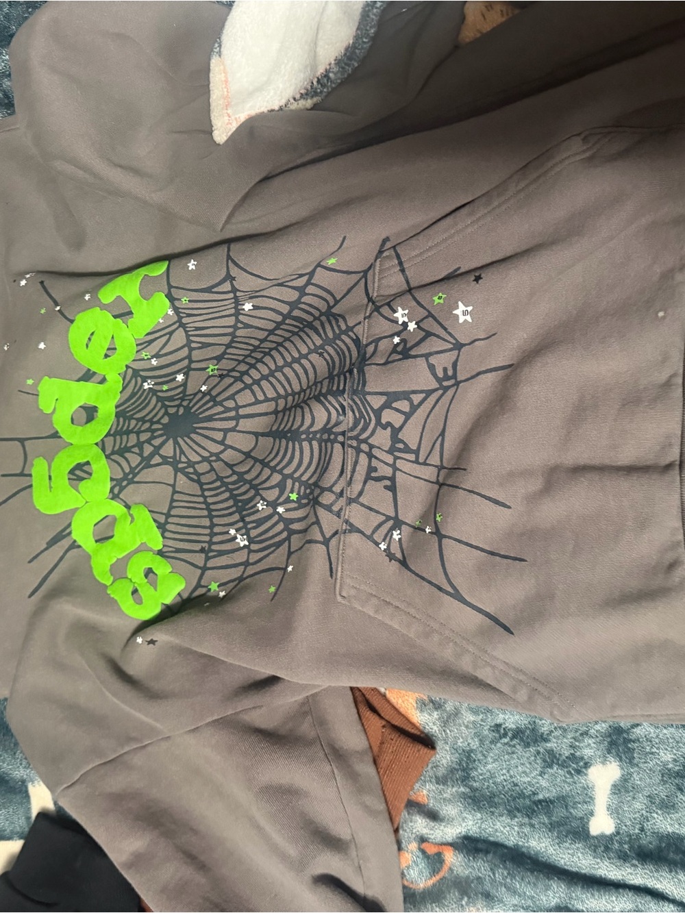 Gray Hoodie with Neon Green 'Spooky' Script and Spiderweb Graphic
